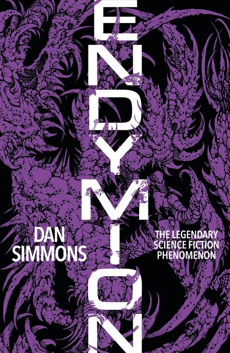 „ENDYMION“ in weißer Schrift vertikal auf schwarzem Hintergrund mit violettem, detailliertem Muster. Autor: Dan Simmons.