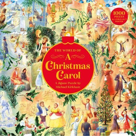 Text: "THE WORLD OF A Christmas Carol A Jigsaw Puzzle by Michael Kirkham." Illustration: Weihnachtliche Szenen mit Figuren.
