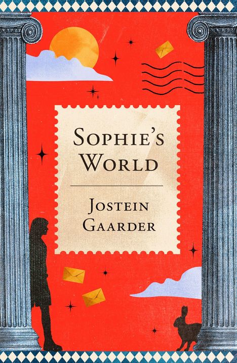 "Sophie's World, Jostein Gaarder" in der Mitte, antike Säulen, Silhouette eines Mädchens, Himmel, Sonne, Wolken, Umschläge.