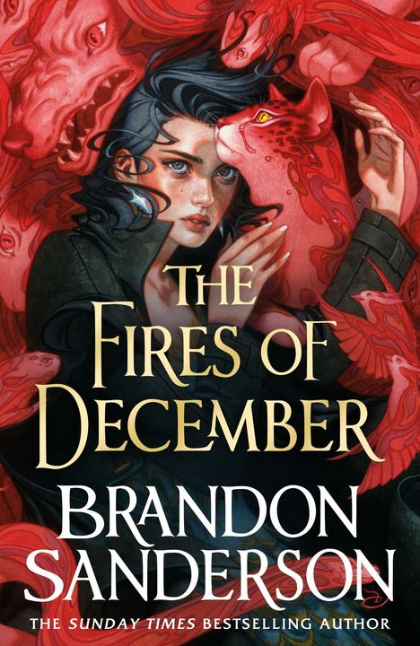 "The Fires of December" und "Brandon Sanderson". Illustration einer Frau mit schwarzen Haaren umgeben von roten Tieren.
