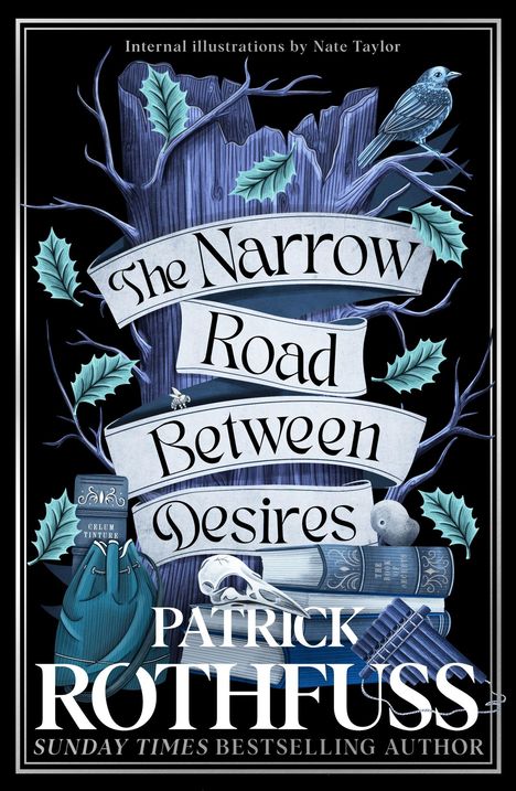 Buchtitel: "The Narrow Road Between Desires". Illustration: Bücher, Vogel, Blätter, Schädel auf dunklem Hintergrund.