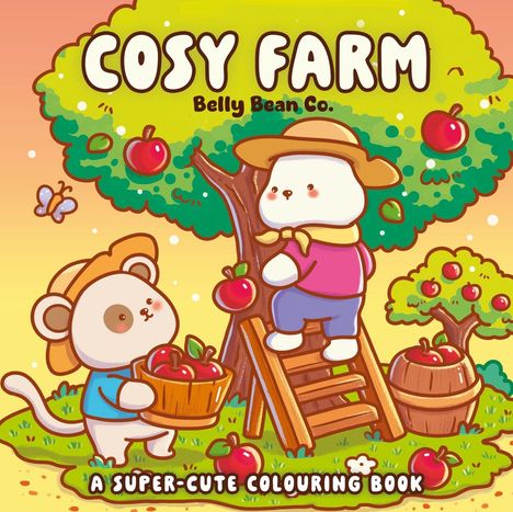 "Cosy Farm", "Belly Bean Co.", "A super-cute colouring book". Zwei cartoonhafte Tiere ernten Äpfel von Bäumen.