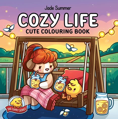 Text: "Jade Summer, Cozy Life, Cute Colouring Book, The Comfy Series." Illustration von Tieren auf einer Schaukel.