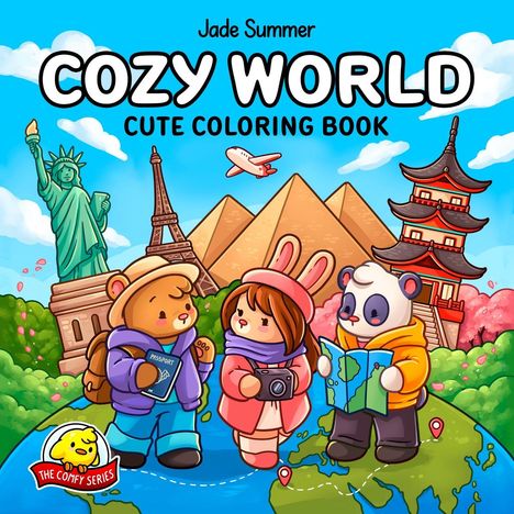„Jade Summer Cozy World Cute Coloring Book.“ Illustration mit Bär, Mädchen und Panda vor berühmten Wahrzeichen.