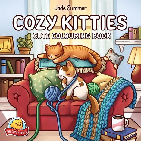 "Jade Summer Cozy Kitties Cute Colouring Book." Illustration: Katzen auf Sofa mit Kissen, Wolldecken, Garnknäuel, Regal und Lampe.