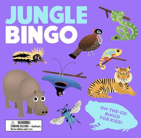 "Jungle Bingo", "WARNING: Choking hazard. Not for children under 3 yrs.", "ON-THE-GO BINGO FOR KIDS!"; Illustrationen von Tieren.