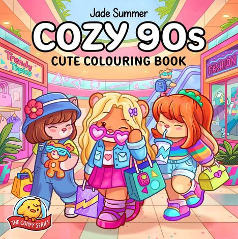 "Jade Summer Cozy 90s Cute Coloring Book" zeigt drei niedliche Tiere im Einkaufszentrum, farbenfroh und fröhlich.