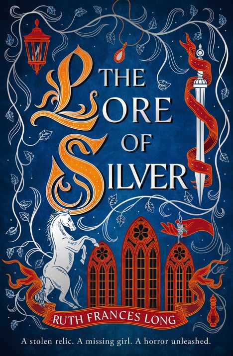 Buchtitel: "The Lore of Silver". Autor: Ruth Frances Long. Verzierungen: Pferd, Dolch, Fenster, Laterne, Ranken.
