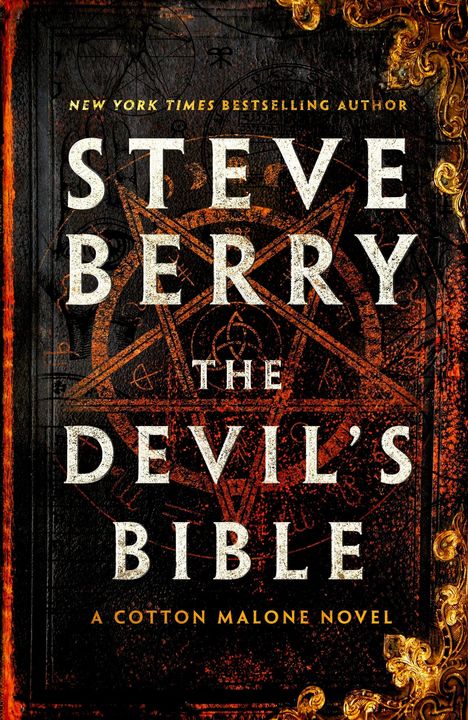 STEVE BERRY, THE DEVIL'S BIBLE, A Cotton Malone Novel. Dunkle, mystische Gestaltung mit einem Pentagramm und goldenen Verzierungen.