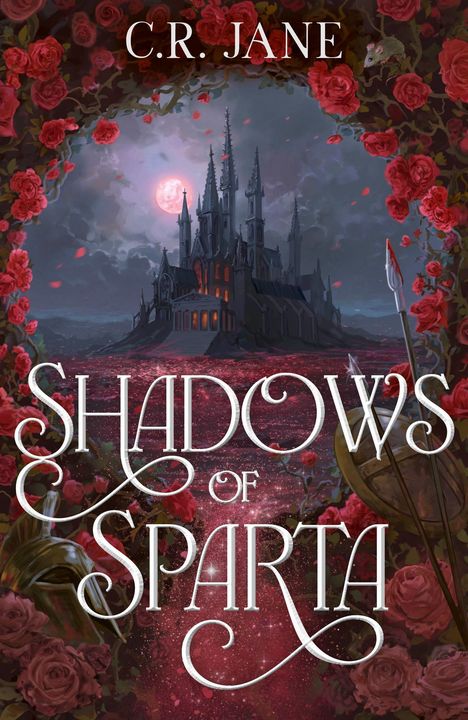 "Shadows of Sparta." Ein dunkles Schloss vor rotem Mond, umgeben von Rosen und einem Speer, in einer düsteren Landschaft.
