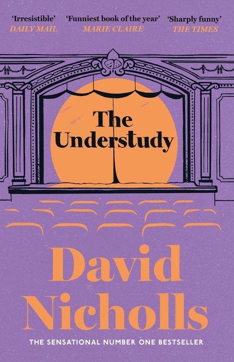 „The Understudy“, Kritiken von Daily Mail, Marie Claire, The Times. Illustration eines Theaters mit Bühne und Sitzreihen.