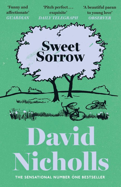 „Sweet Sorrow“ von David Nicholls. Drei Zitate von Guardian, Daily Telegraph, Observer. Illustration: Baum, Fahrräder auf Wiese.