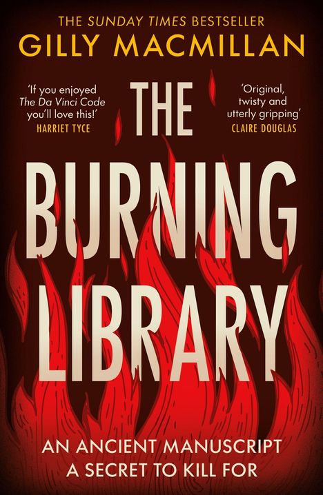 "THE BURNING LIBRARY" in großen Buchstaben, rote Flammen, Name der Autorin oben, Zitate von Autoren links und rechts.