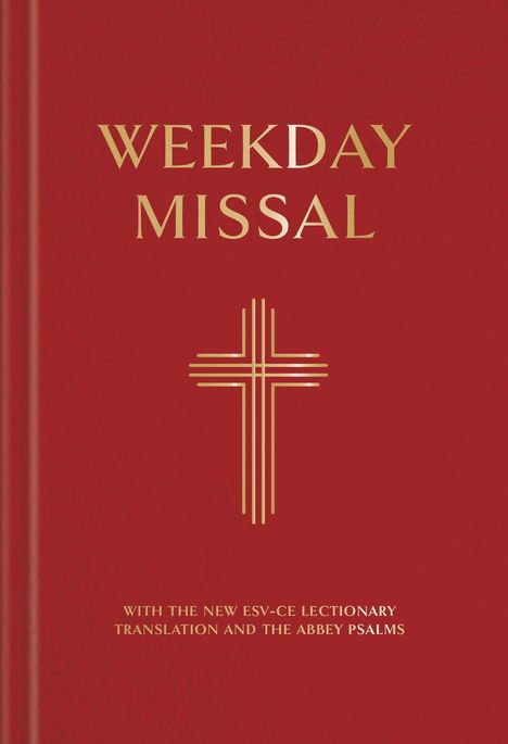 "Weekday Missal" steht in goldener Schrift auf rotem Hintergrund. Ein stilisiertes Kreuz ist darunter abgebildet.