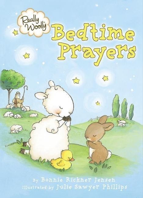"Really Woolly Bedtime Prayers" steht in gelber Schrift. Eine Illustration zeigt ein Schaf und einen Hasen sitzend auf einer Wiese.