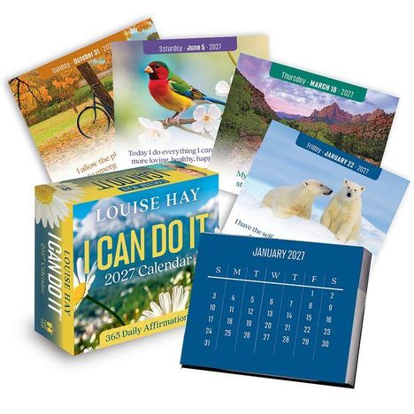 "LOUISE HAY I CAN DO IT 2027 Calendar" zeigt Karten mit Fotos von Natur und Tieren sowie Monatstagen für Januar 2027.