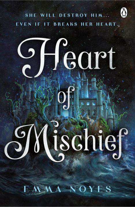 "Heart of Mischief" von Emma Noyes, dunkles Schloss, verworrene Äste, Mystery-Stimmung, Illustration.