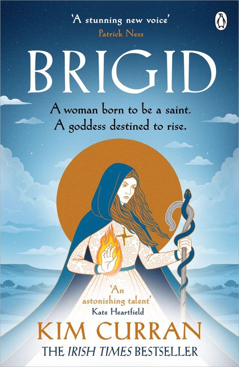 „BRIGID“, „A woman born to be a saint. A goddess destined to rise.“ Illustration einer Frau mit Flamme und Stab.