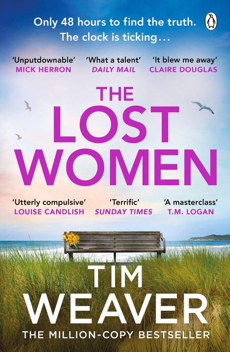 Text: "Only 48 hours to find the truth. The clock is ticking… THE LOST WOMEN." Bank mit Blumen vor Meereshintergrund.