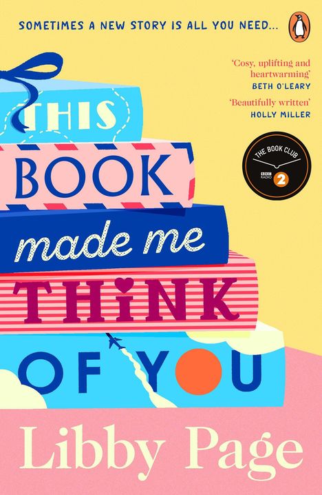 Oben steht "Sometimes a new story is all you need...". Darunter sind bunte Buchrücken mit dem Titel "This Book Made Me Think of You".