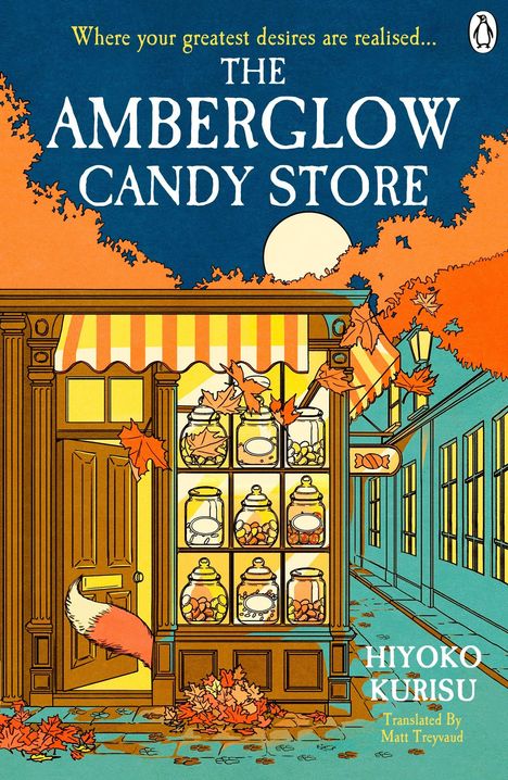 „Where your greatest desires are realised... THE AMBERGLOW CANDY STORE“. Illustration eines Süßwarenladens mit Herbstdekoration.