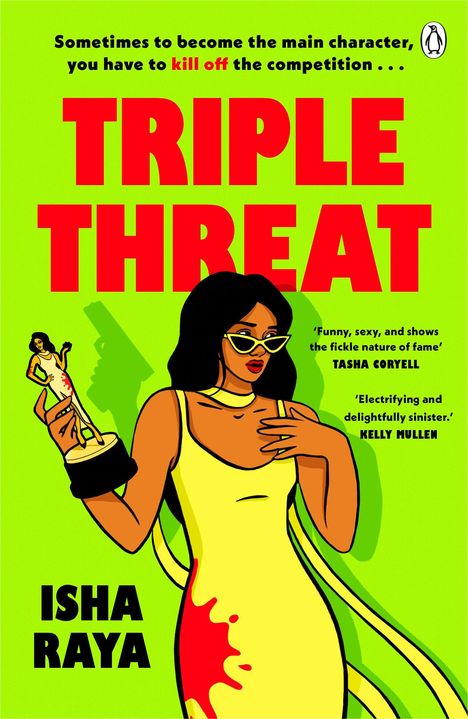 „TRIPLE THREAT“ in Rot, gelbes Kleid, Frau mit Sonnenbrille, sie hält eine Trophäe; Zitate von Tasha Coryell und Kelly Mullen.