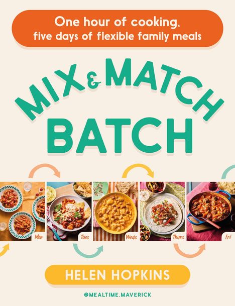 Titel: "Mix & Match Batch", Untertitel: "One hour of cooking, five days of flexible family meals." Autor: "Helen Hopkins". Fünf bunte Essensbilder für Wochentage.
