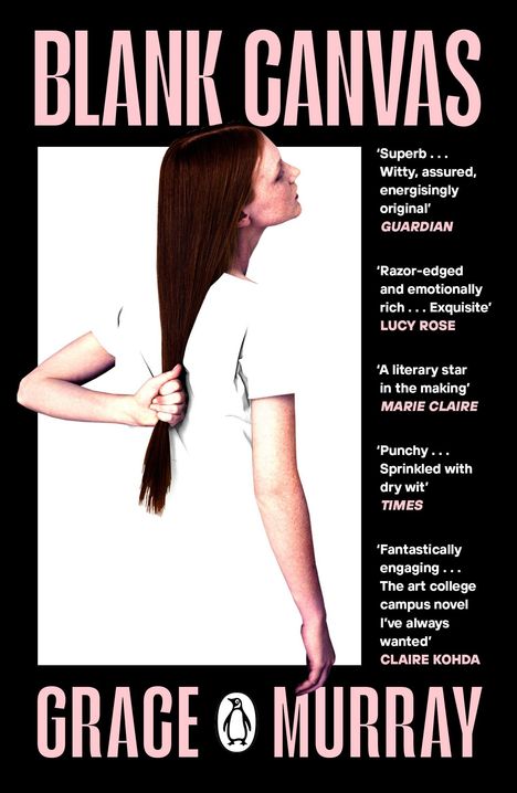 Text: "BLANK CANVAS", "GRACE MURRAY", Rezensionen von GUARDIAN, LUCY ROSE, MARIE CLAIRE, TIMES, CLAIRE KOHDA. Illustration: Frau hält Haare.