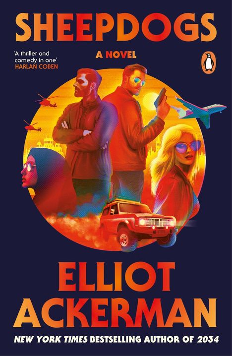 Der Titel lautet "SHEEPDOGS". Eine Illustration mit Personen, einem Flugzeug, Helikoptern und einem Geländewagen.