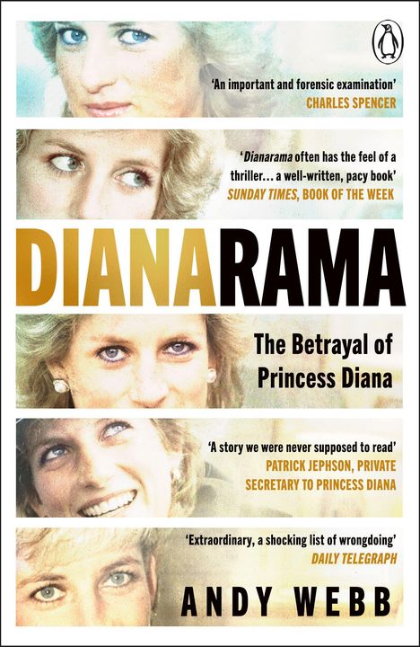 „DIANARAMA“, „The Betrayal of Princess Diana“ von Andy Webb. Portraits einer blonden Frau in verschiedenen Ansichten.