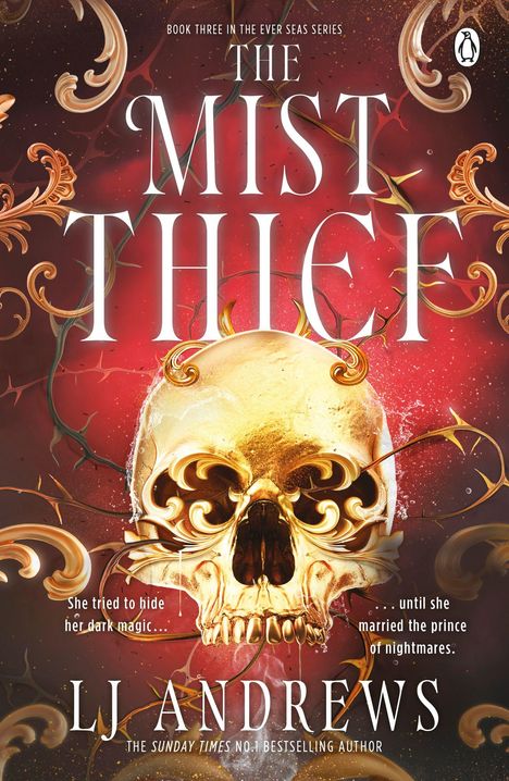 „The Mist Thief“: Buchcover mit goldenem, verzierten Totenkopf auf rotem Hintergrund. Text von LJ Andrews.