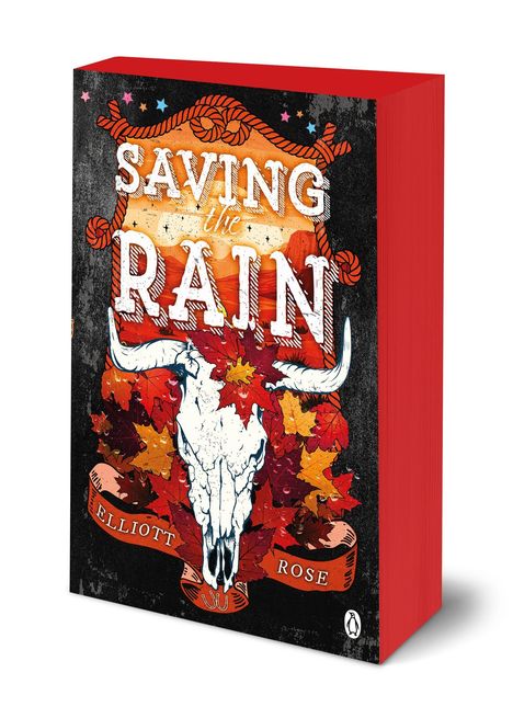 "Saving the Rain", bunter Herbsthintergrund, Schädel in der Mitte, darunter Banner mit "Elliott Rose".