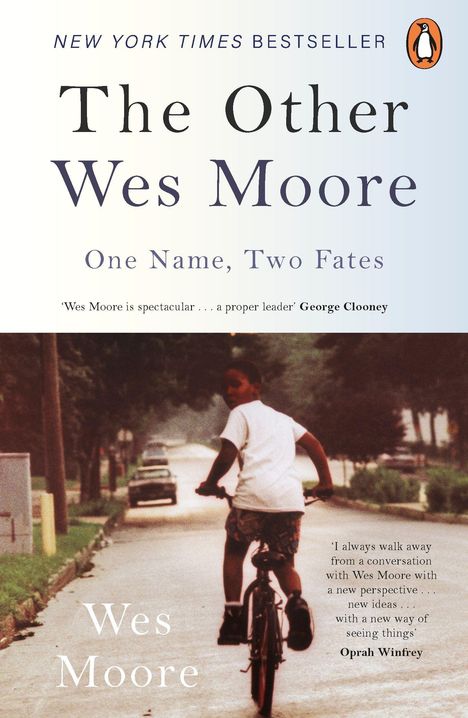 „The Other Wes Moore: One Name, Two Fates“. Oprah Winfrey lobt Wes Moore. Junge auf Fahrrad in einer Straße. Oben ist ein Logo.