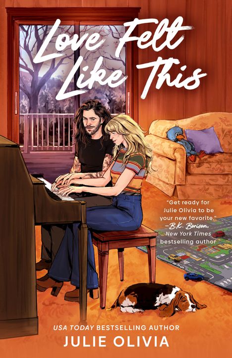 "Love Felt Like This." Illustration: Ein Mann und eine Frau spielen gemeinsam Klavier in einem warm eingerichteten Raum.