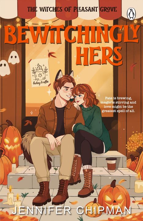 Titel: "Bewitchingly Hers". Oben: "The Witches of Pleasant Grove". Illustration: Ein Paar sitzt auf einer Treppe mit Kürbissen.