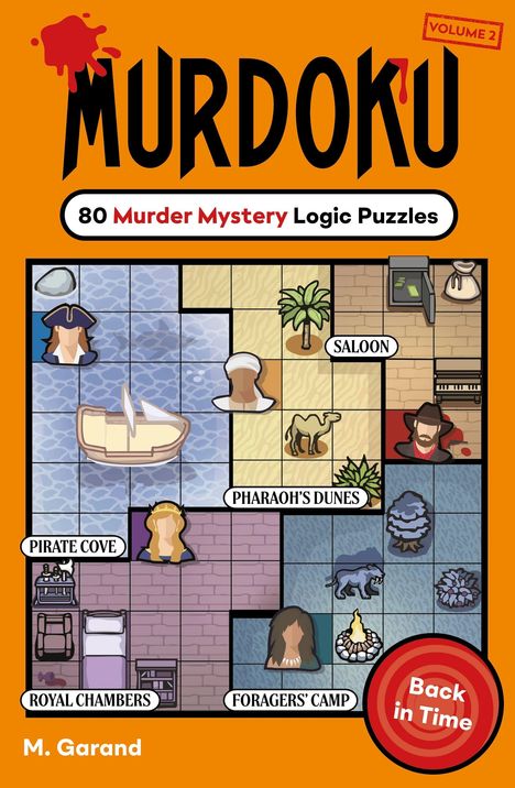 Titel: "MURDOKU". Text: "80 Murder Mystery Logic Puzzles". Szenerie aus verschiedenen thematischen Bereichen.