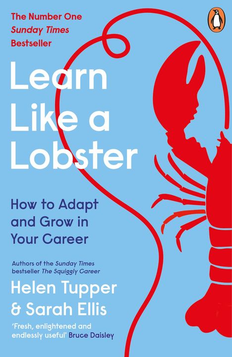 Titel: "Learn Like a Lobster". Schrift in Rot und Blau auf hellblauem Hintergrund. Rote Hummer-Illustration.
