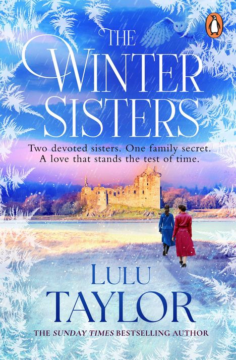 Text: "Lulu Taylor, The Winter Sisters, Final cover to be revealed." Logo: Penguin Viking. Hintergrund: weiß mit orangefarbenem Rand.