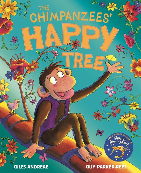 "The Chimpanzees' Happy Tree" steht groß, bunte Blumen umrahmen einen fröhlichen Affen, der auf einem Ast sitzt.
