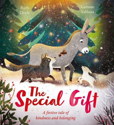 "The Special Gift" und "A festive tale of kindness and belonging" vor winterlichem Hintergrund mit Esel, Hund und Kaninchen.