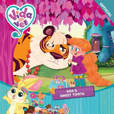"Vida the Vet". Ein Kind und ein Tiger unter einem Baum. Viele bunte Süßigkeiten. "KOA'S SWEET TOOTH".