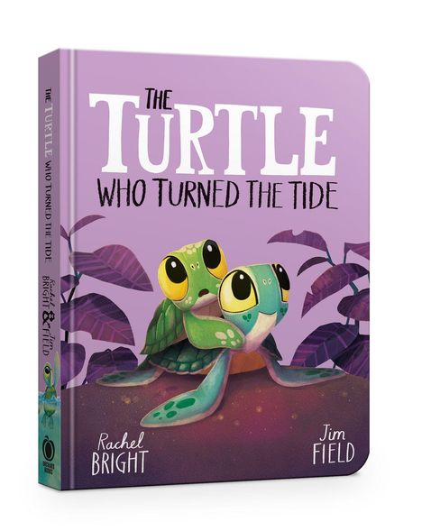 "The Turtle Who Turned the Tide" steht auf einem lila Buchcover, mit zwei niedlichen Schildkröten und Pflanzen im Hintergrund.
