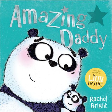 "Amazing Daddy" in großer Schrift, Pandas lächeln sich an, Hintergrund türkis, eine Sternillustration.