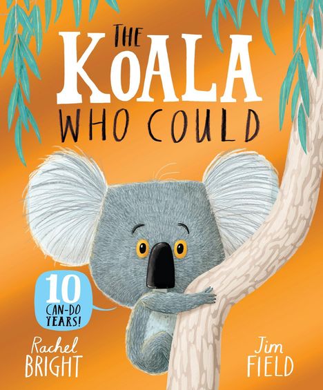 "The Koala Who Could" zeigt einen ängstlich wirkenden Koala, der an einem Baum klammert. Orangefarbener Hintergrund.
