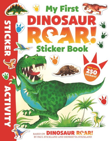 "My First Dinosaur Roar! Sticker Book" steht in bunten Buchstaben. Illustration: Ein lachender grüner Dinosaurier.