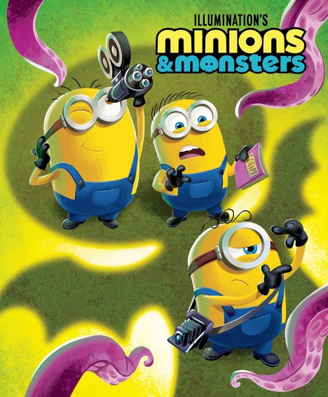 „Illumination’s Minions & Monsters“. Drei gelbe Figuren mit Brillen, Kameras und rosa Tentakeln auf grünem Hintergrund.