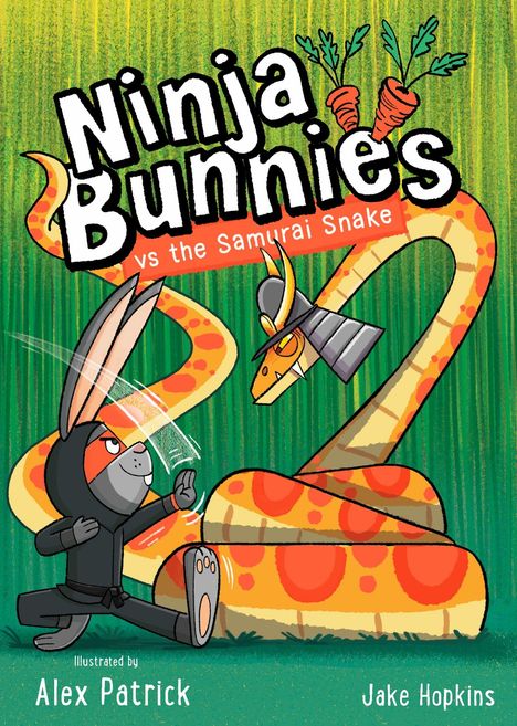 "Ninja Bunnies vs the Samurai Snake", "Cover coming soon". Illustration: Ein Hase in Ninja-Kleidung mit großen Ohren.