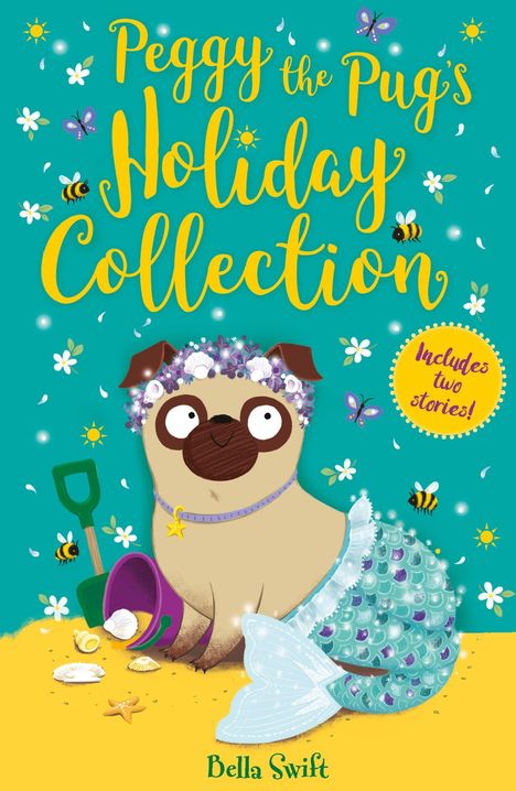 "Peggy the Pug's Holiday Collection" in gelber Schrift. Illustration eines Mops mit Blumenkranz und Meerjungfrauenflosse.