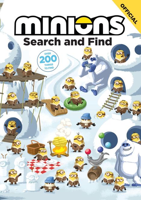 Text: "Minions Search and Find", "Over 200 Things to Find", "Official". Minions im Schnee, einige auf Skiern, bei einem Iglu. Ein Yeti spielt Mundharmonika.