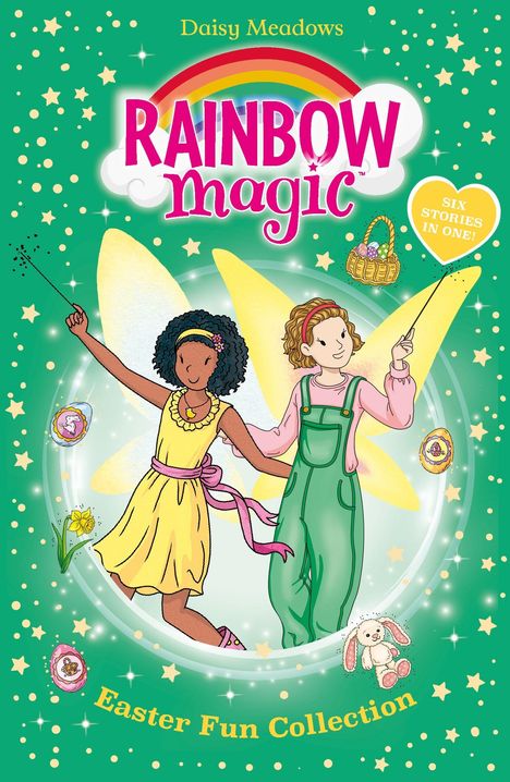 "Rainbow Magic", "Easter Fun Collection", zwei Feen mit Flügeln, eine in gelbem Kleid, die andere in grüner Latzhose.